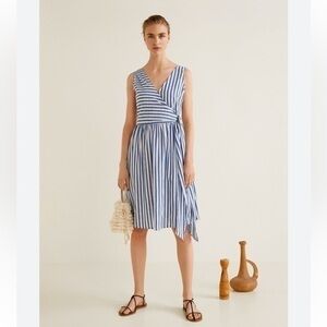 Mango Nautical Asymmetric Top Tie Striped Blue & White Dress